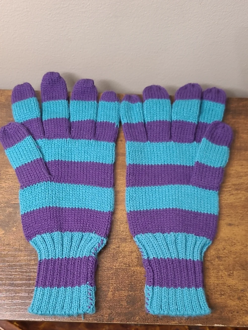 Teal & Purple Striped Knit Beanie Hat with Matching Mittens